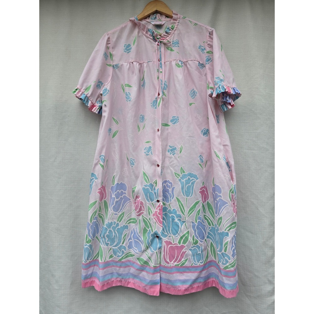 VTG Grandmacore Tulip Snap Duster Dress Women 44 Pink Cottagecore Housecoat